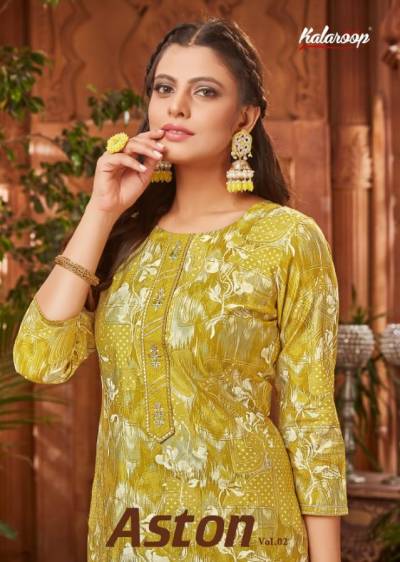 Aston Vol 2 By Kivi Kajree Fancy Neck Worked Printed Kurti With Pant